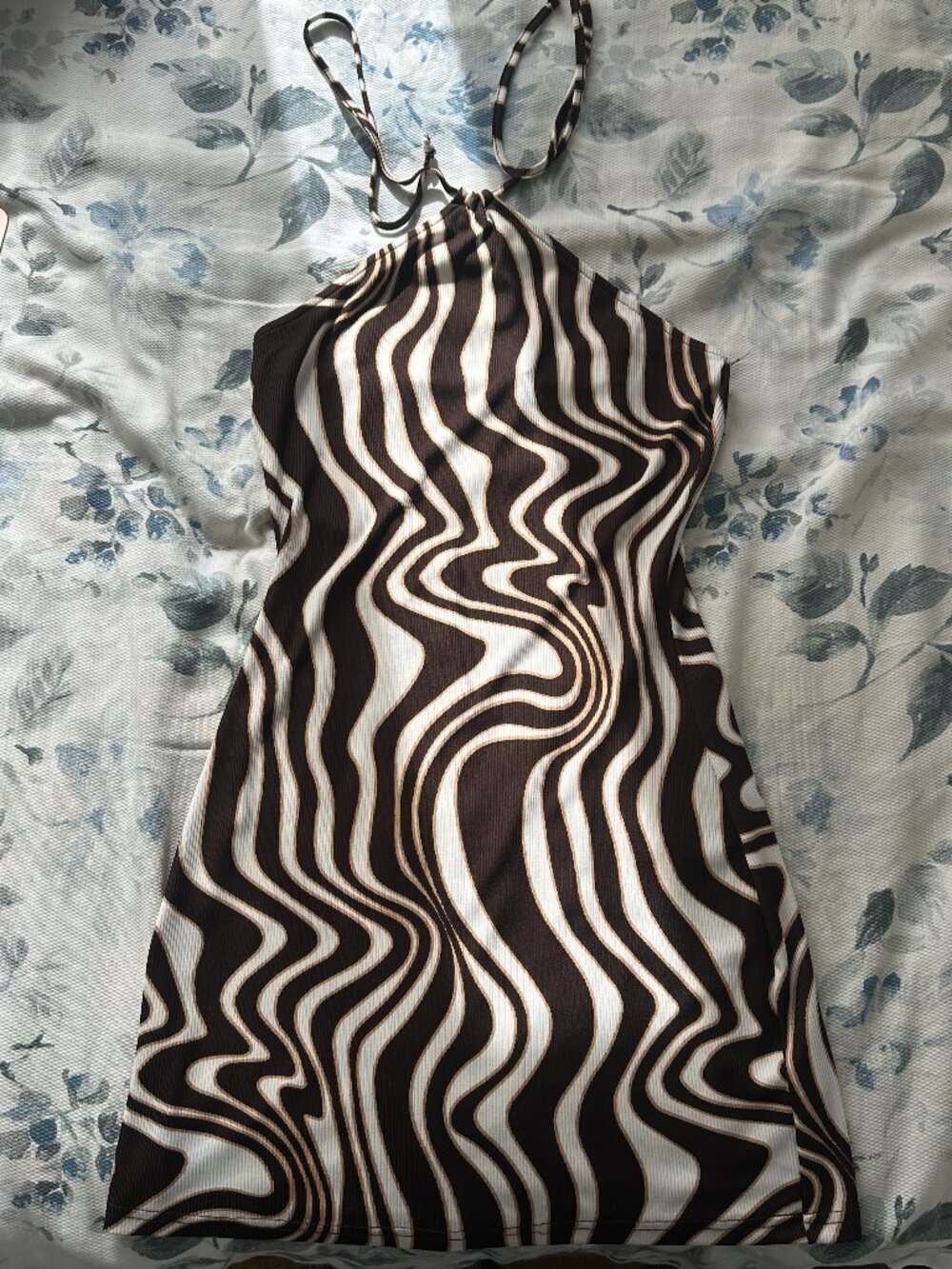 Windsor - White & Brown Marble Halter Summer Dress (Size M)
